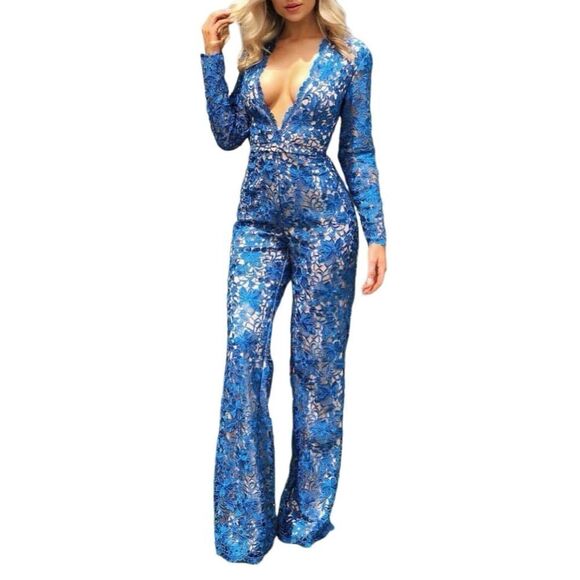 Maslavi by Jovani Blue Lace Jumpsuit Size 2 - Picture 1 of 4